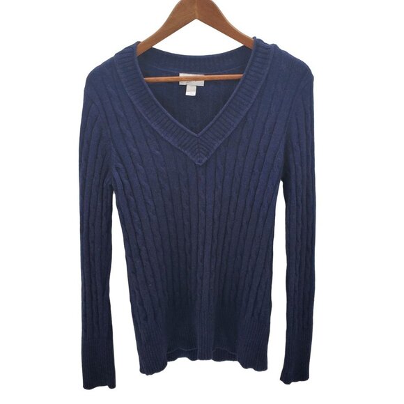 Ann Taylor LOFT Womens Wool Rabbit Hair Blend Cable Knit Sweater L Blue V-Neck - Picture 1 of 10